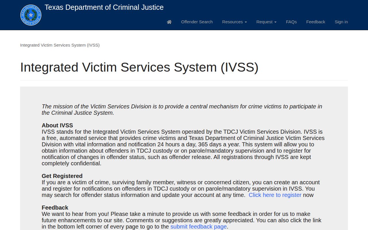 TDCJ Integrated Victim Services System portal