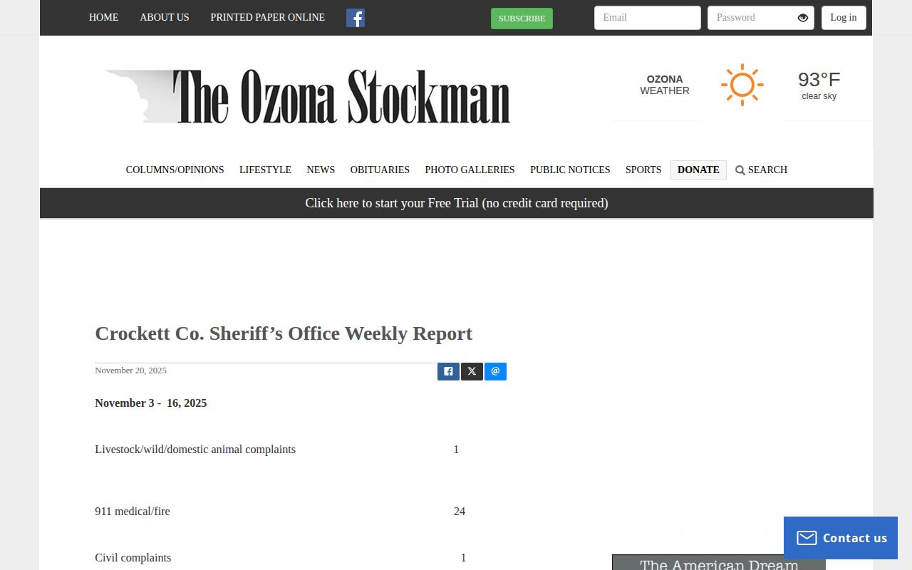 Ozona Stockman weekly Crockett County sheriff activity report