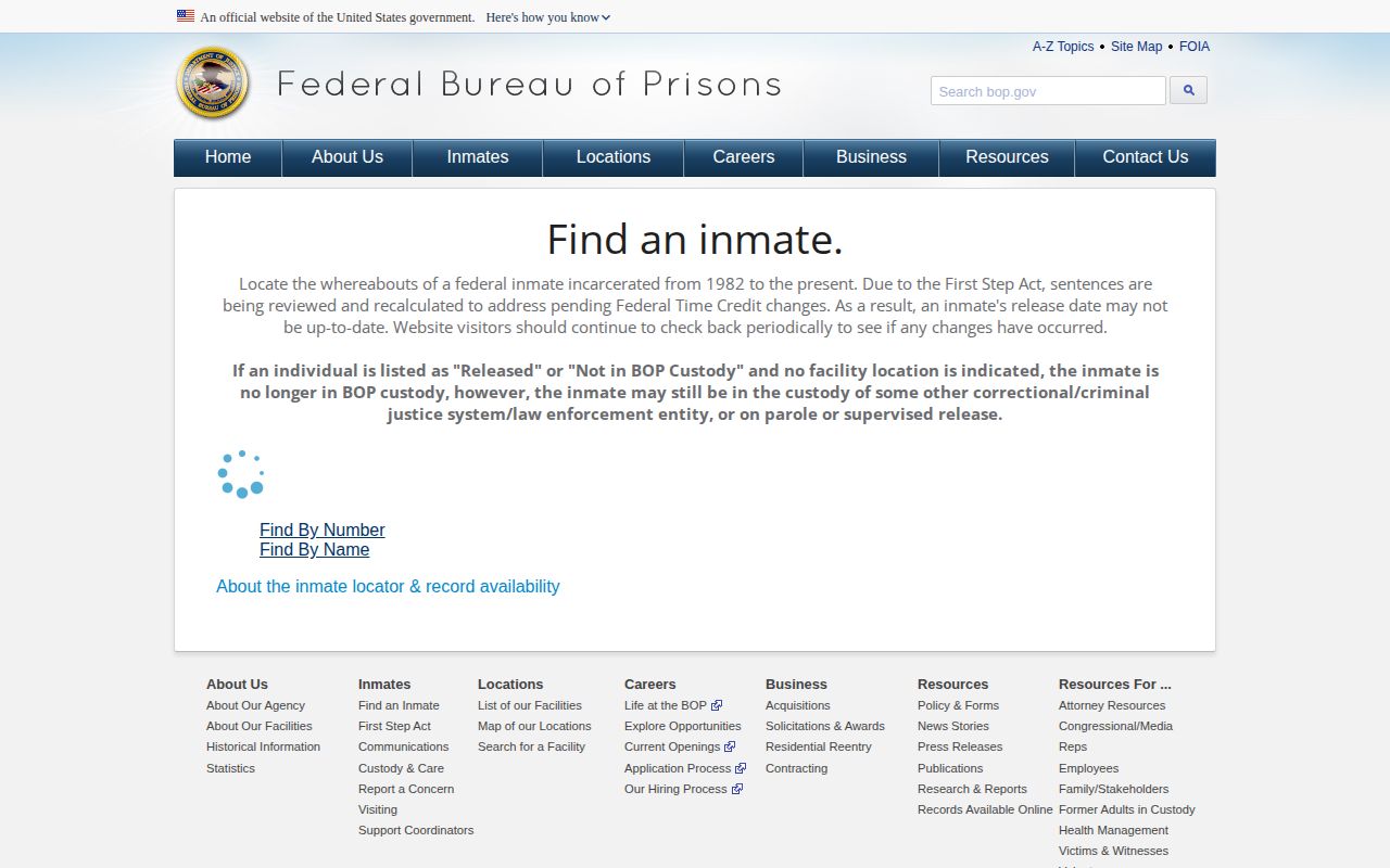 Federal Bureau of Prisons inmate locator with number and name search options