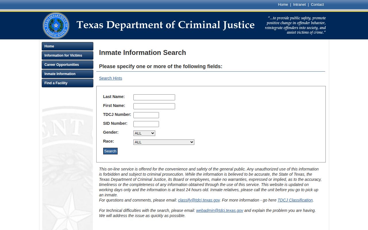 Texas Department of Criminal Justice current offender search form